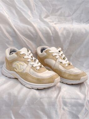 Chanel Beige & White Suede Leather Sneakers